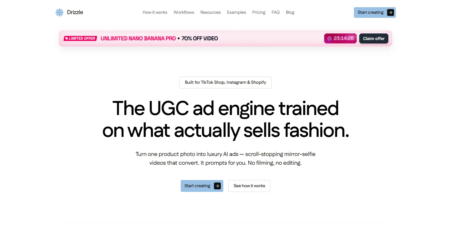Drizzle website introducing AI-generated fashion advertising
