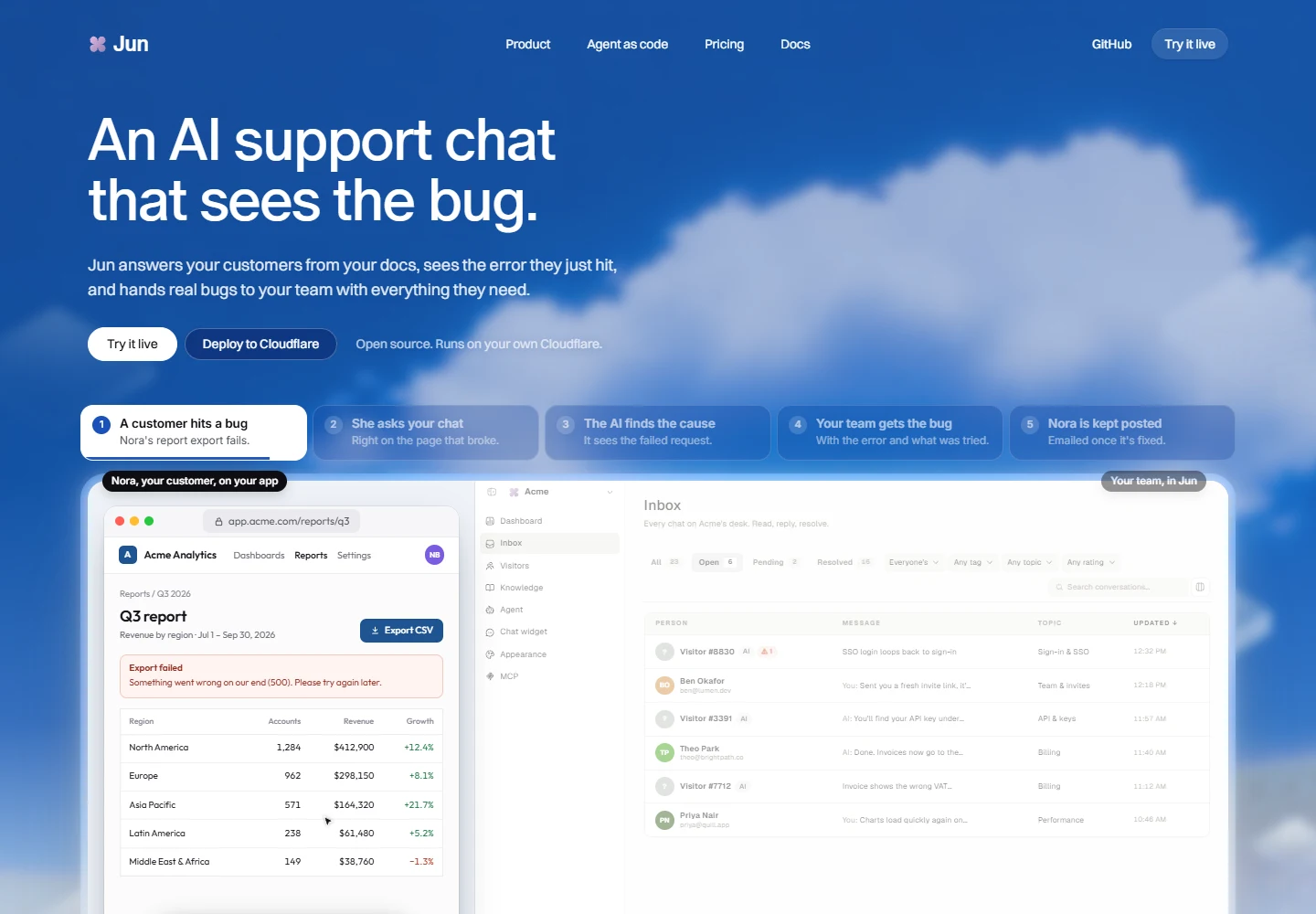 Jun website with a blue sky hero and an interactive AI support desk preview